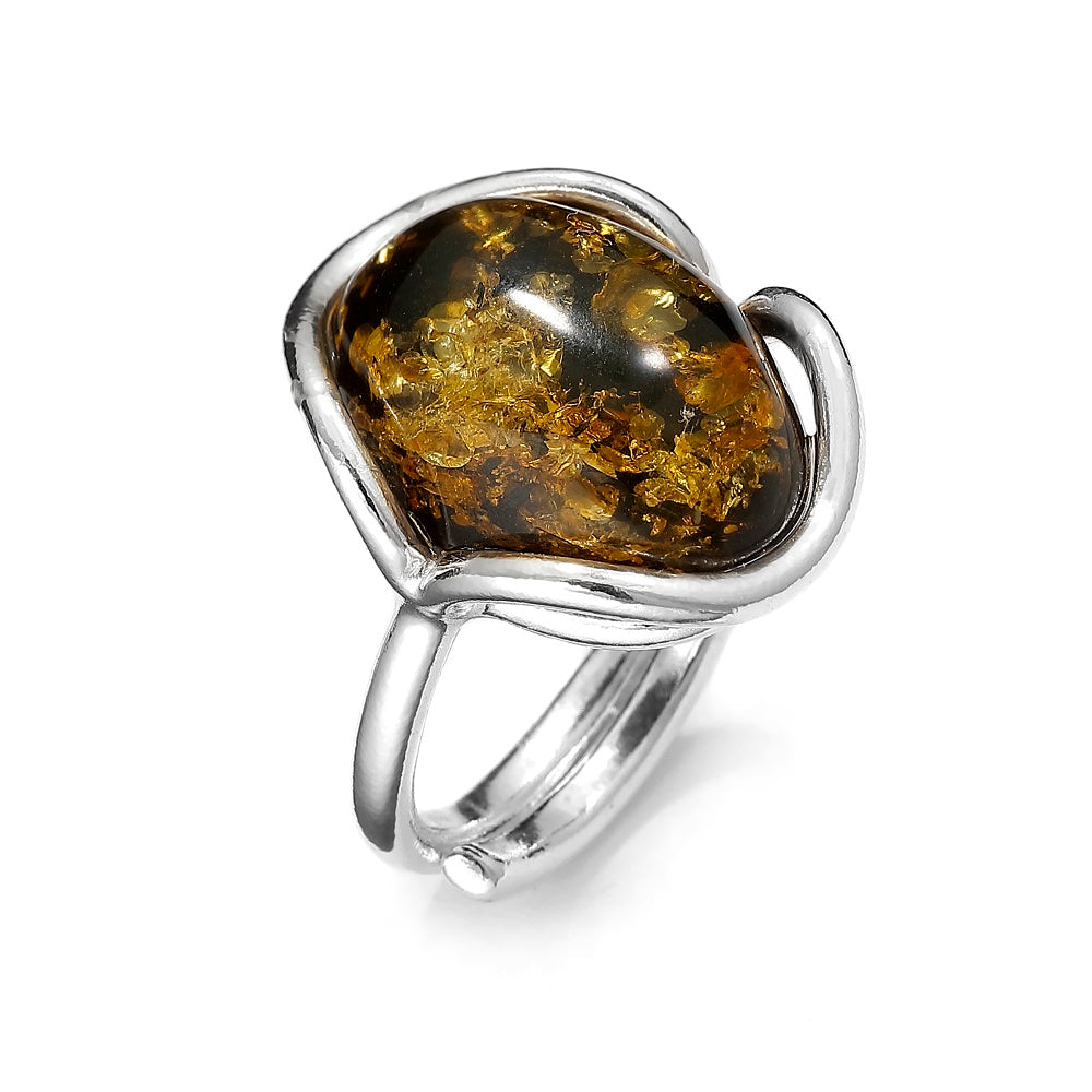 Sterling Silver Green Baltic Amber Adjustable Size Ring