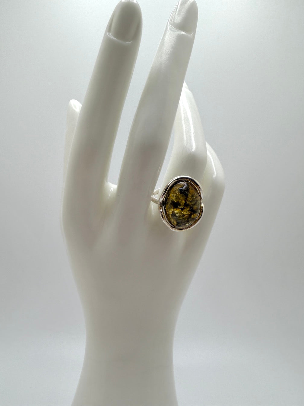 Sterling Silver Green Baltic Amber Adjustable Size Ring