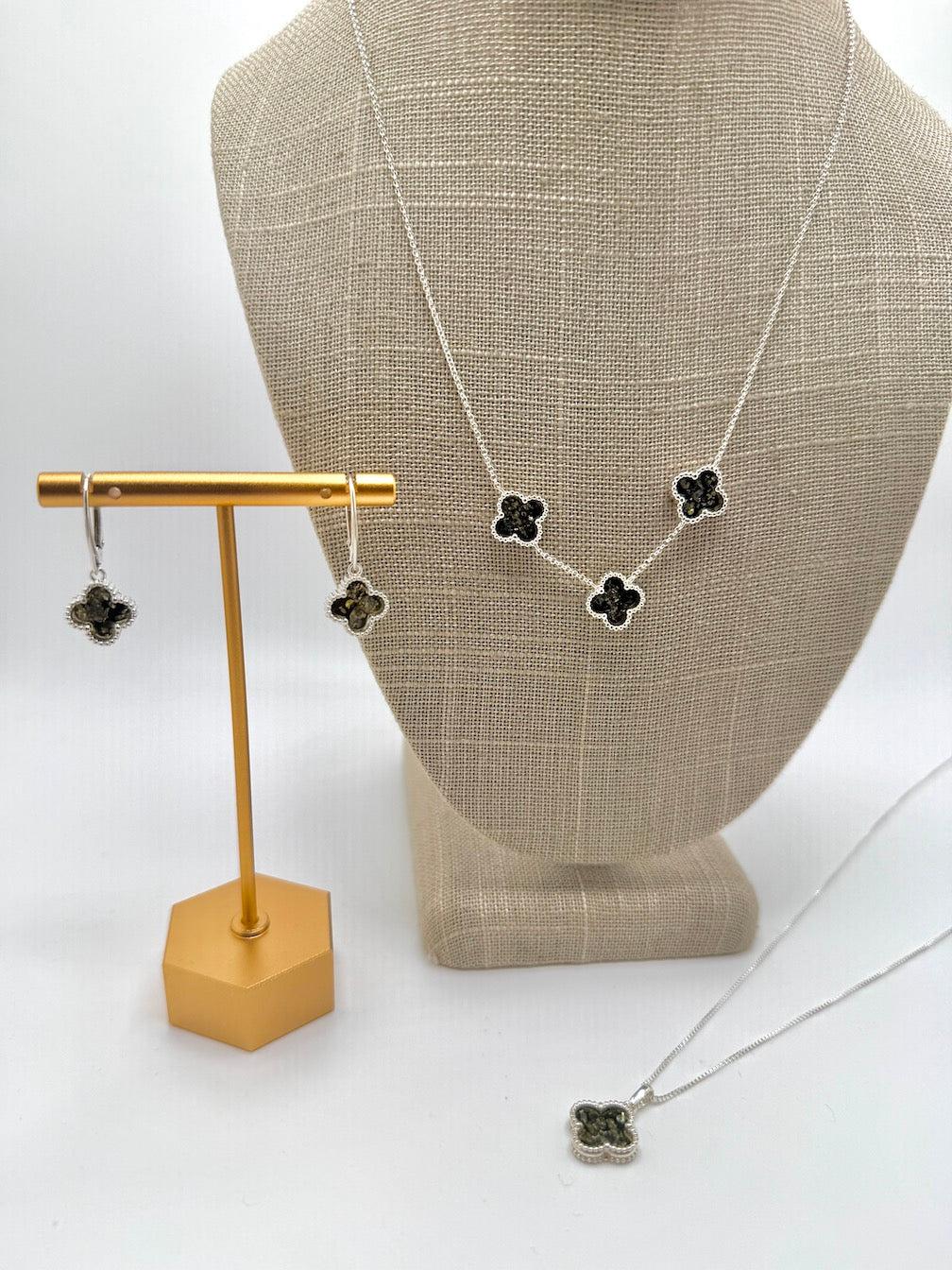 Sterling Silver Green Baltic Amber Clover Necklace & Earrings Set – Handmade in Poland