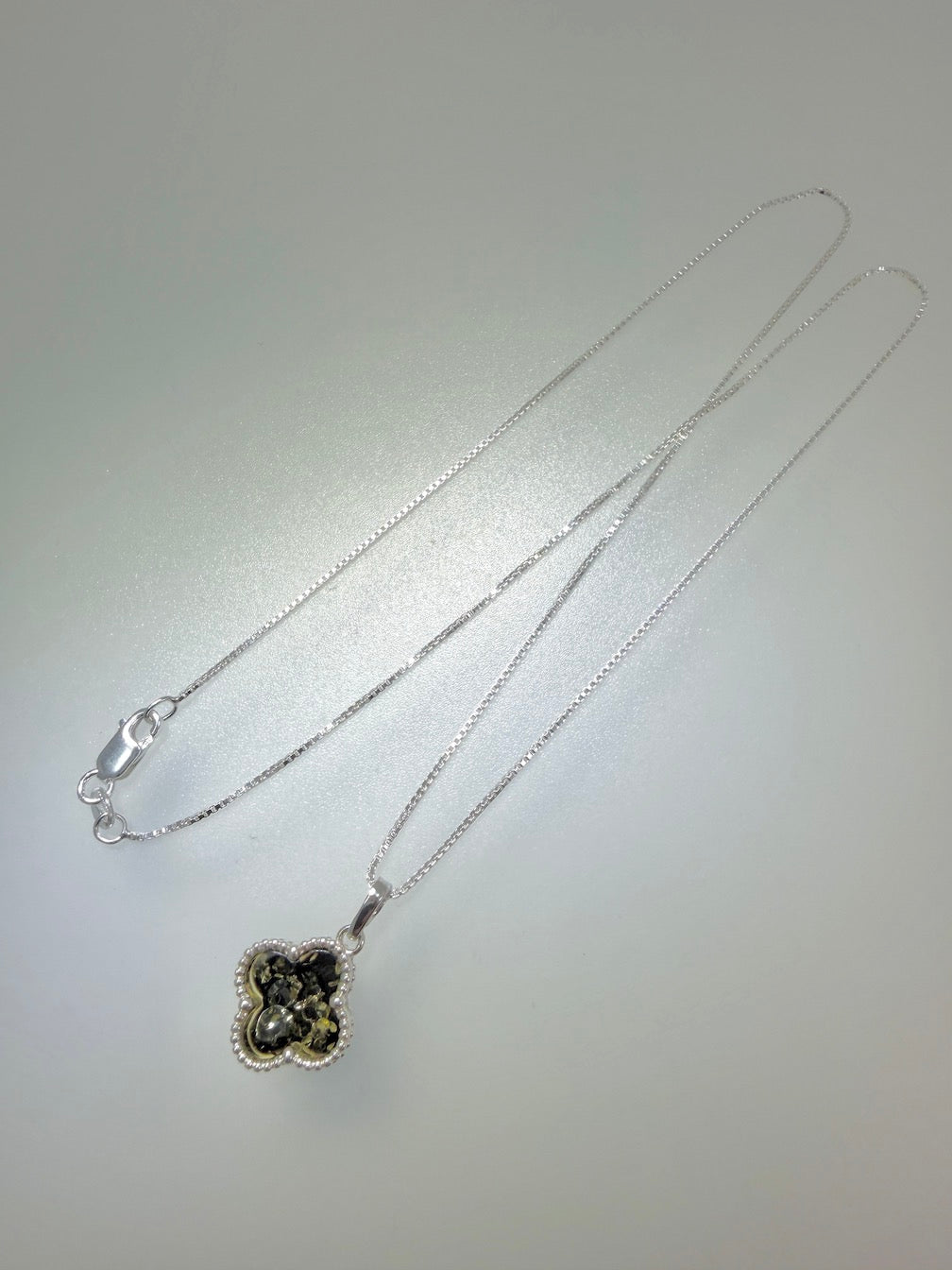 Sterling Silver Green Baltic Amber Clover Necklace & Earrings Set – Handmade in Poland