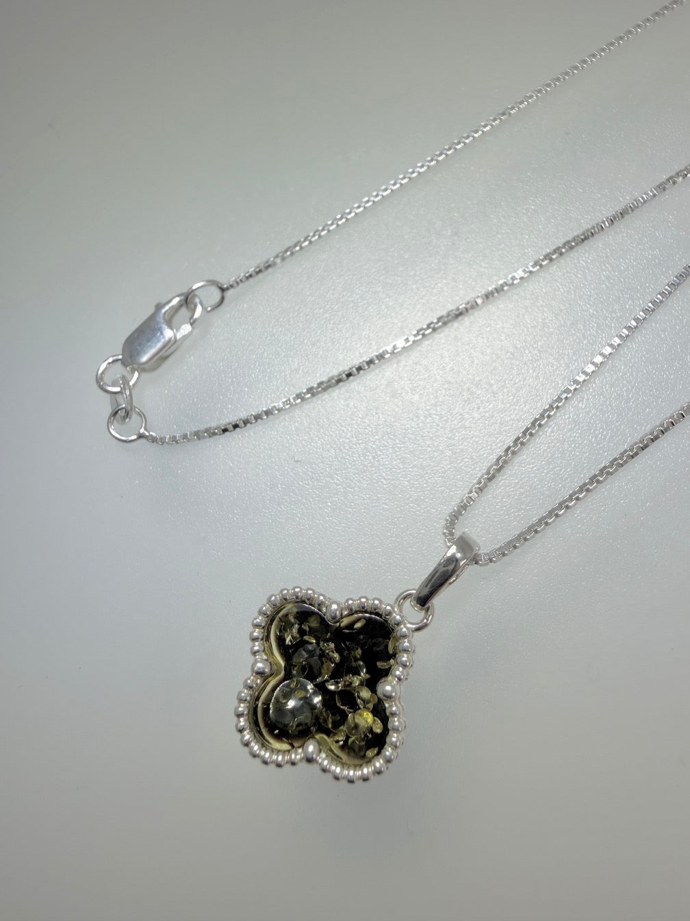 Sterling Silver Green Baltic Amber Clover Necklace & Earrings Set – Handmade in Poland