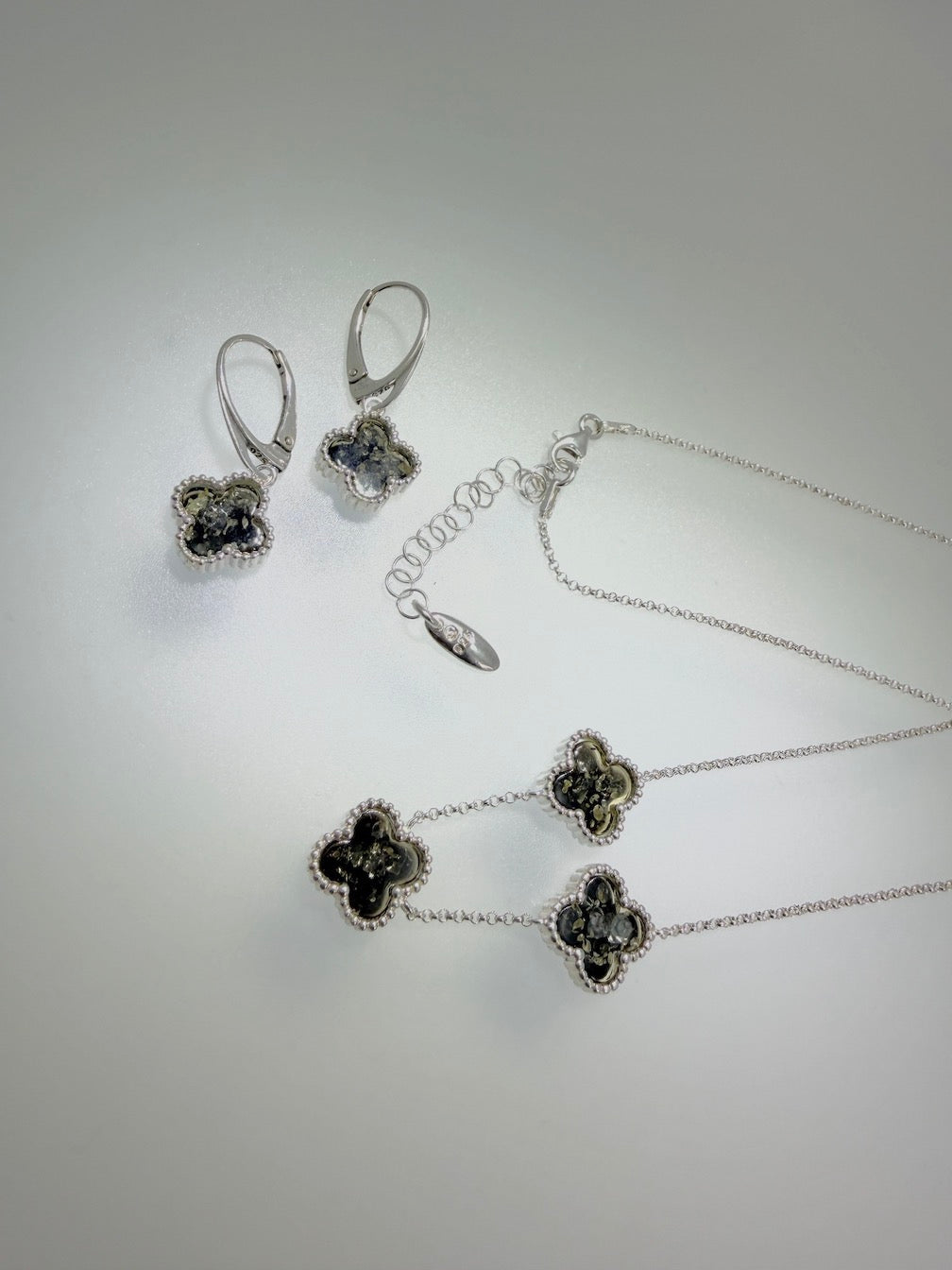 Sterling Silver Green Baltic Amber Clover Necklace & Earrings Set – Handmade in Poland