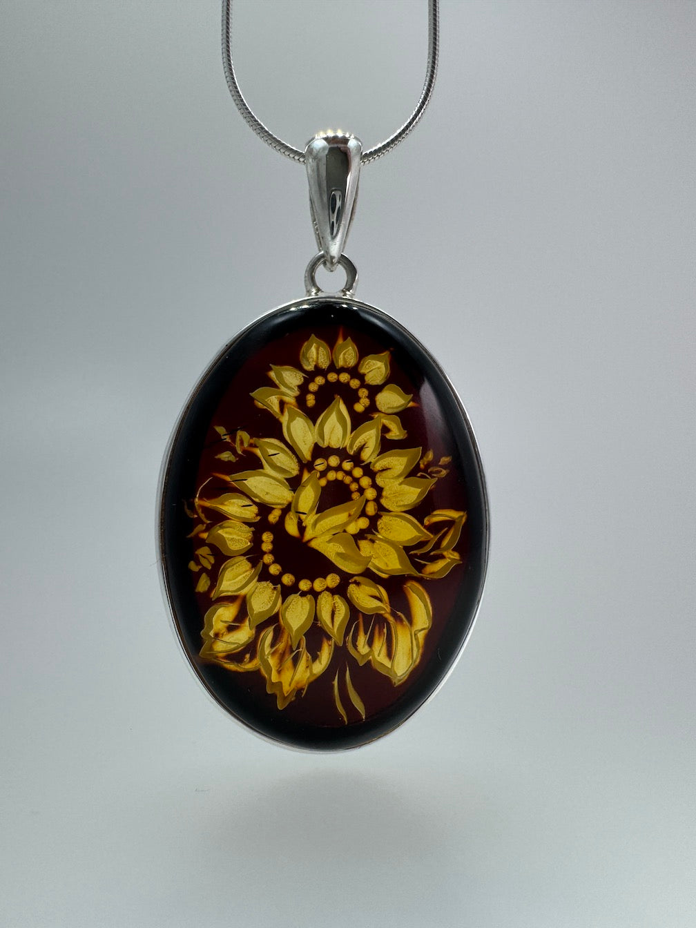 Sterling Silver Hand Carved Baltic Amber Cameo Sunflower Pendant – Genuine Handmade in Poland Intaglio Necklace