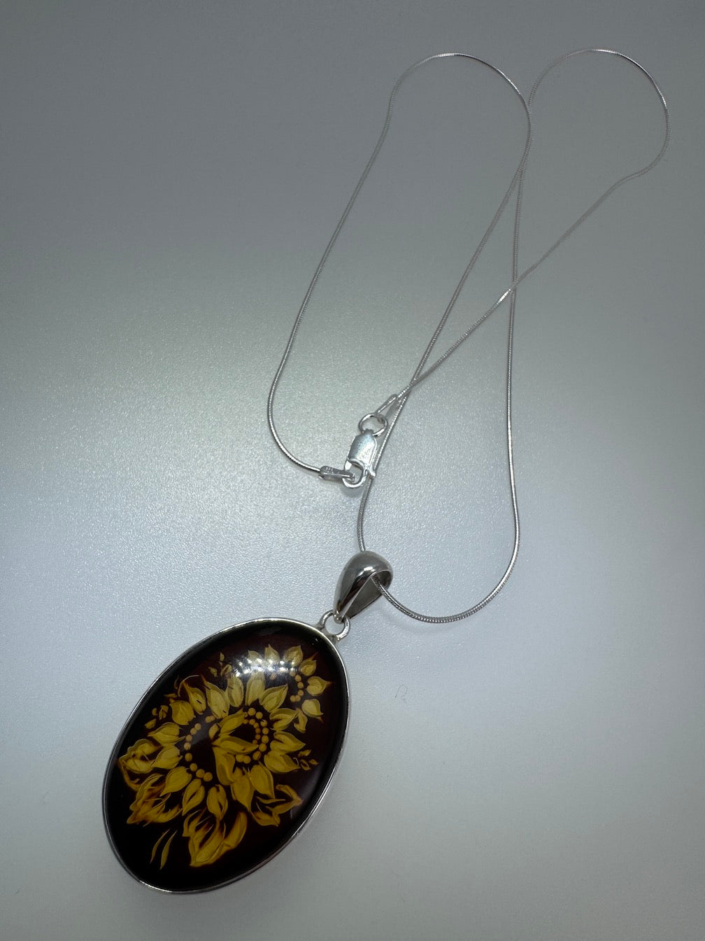 Sterling Silver Hand Carved Baltic Amber Cameo Sunflower Pendant – Genuine Handmade in Poland Intaglio Necklace