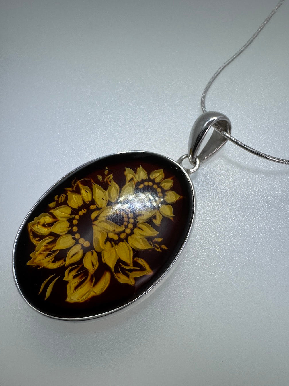 Sterling Silver Hand Carved Baltic Amber Cameo Sunflower Pendant – Genuine Handmade in Poland Intaglio Necklace