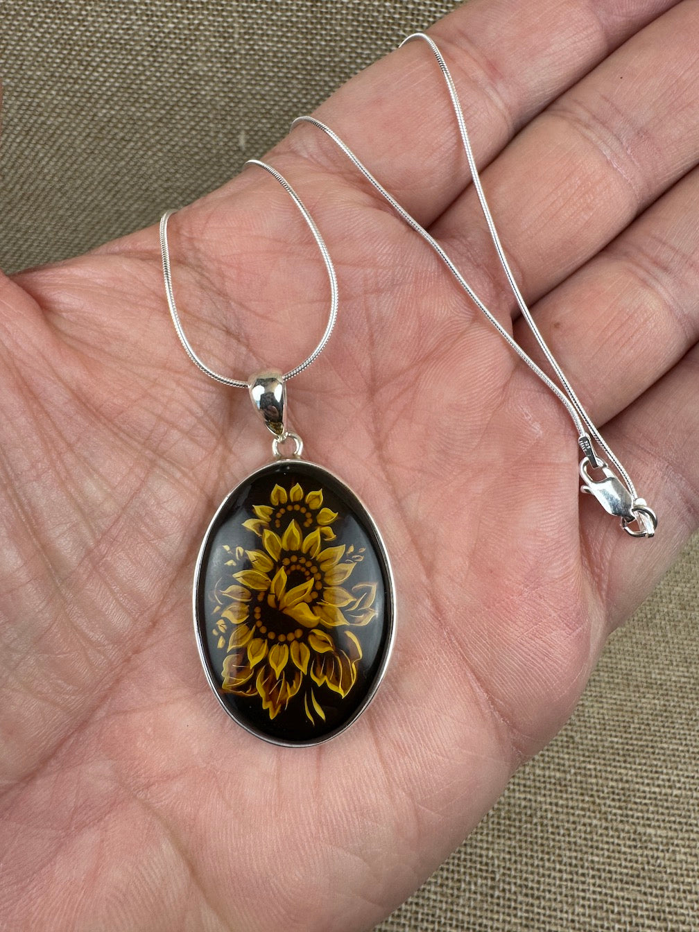 Sterling Silver Hand Carved Baltic Amber Cameo Sunflower Pendant – Genuine Handmade in Poland Intaglio Necklace