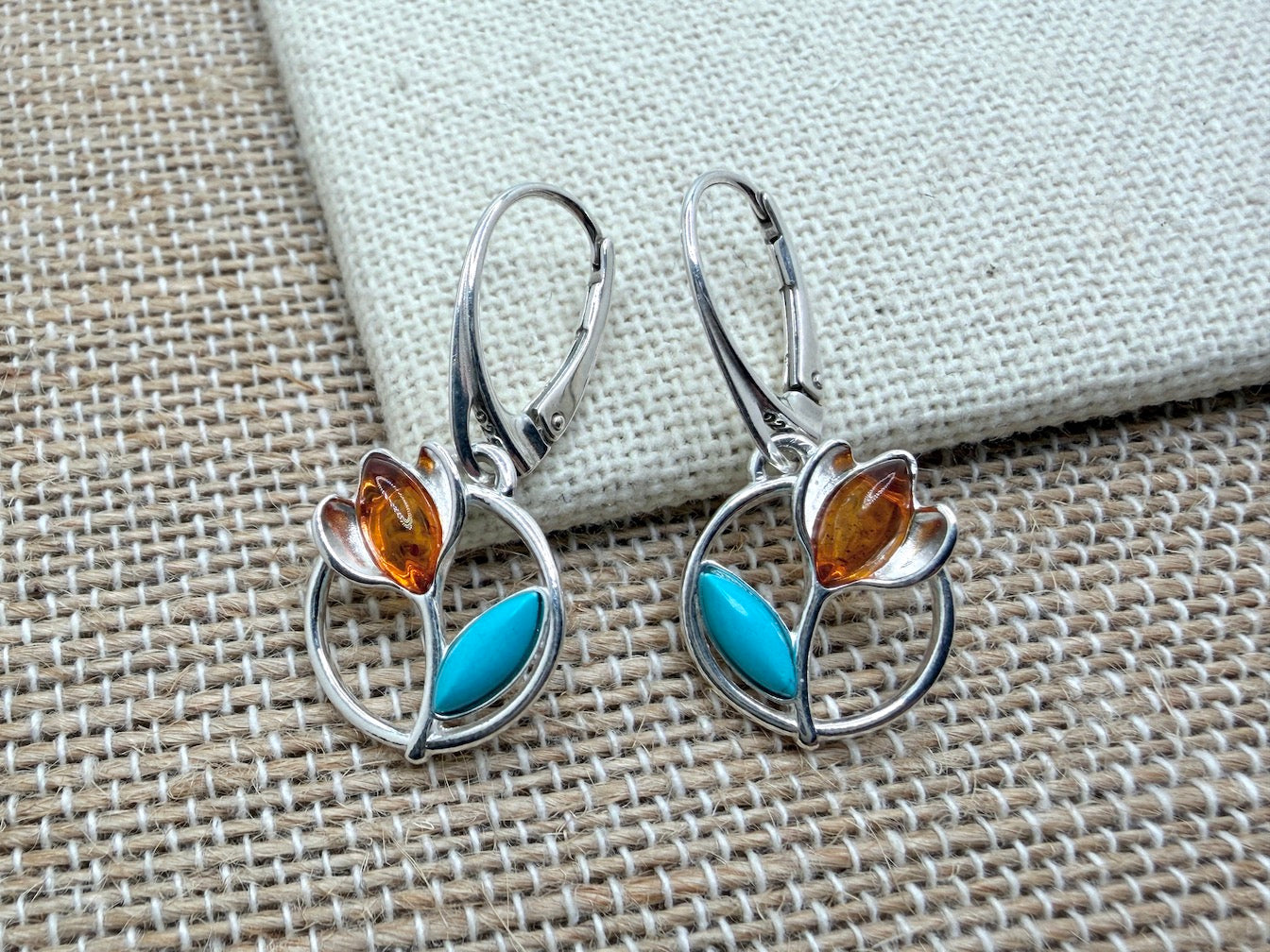 Sterling Silver Honey Amber and Turquoise Tulip Drop Lever Back Earrings | Everyday Lightweight Earrings