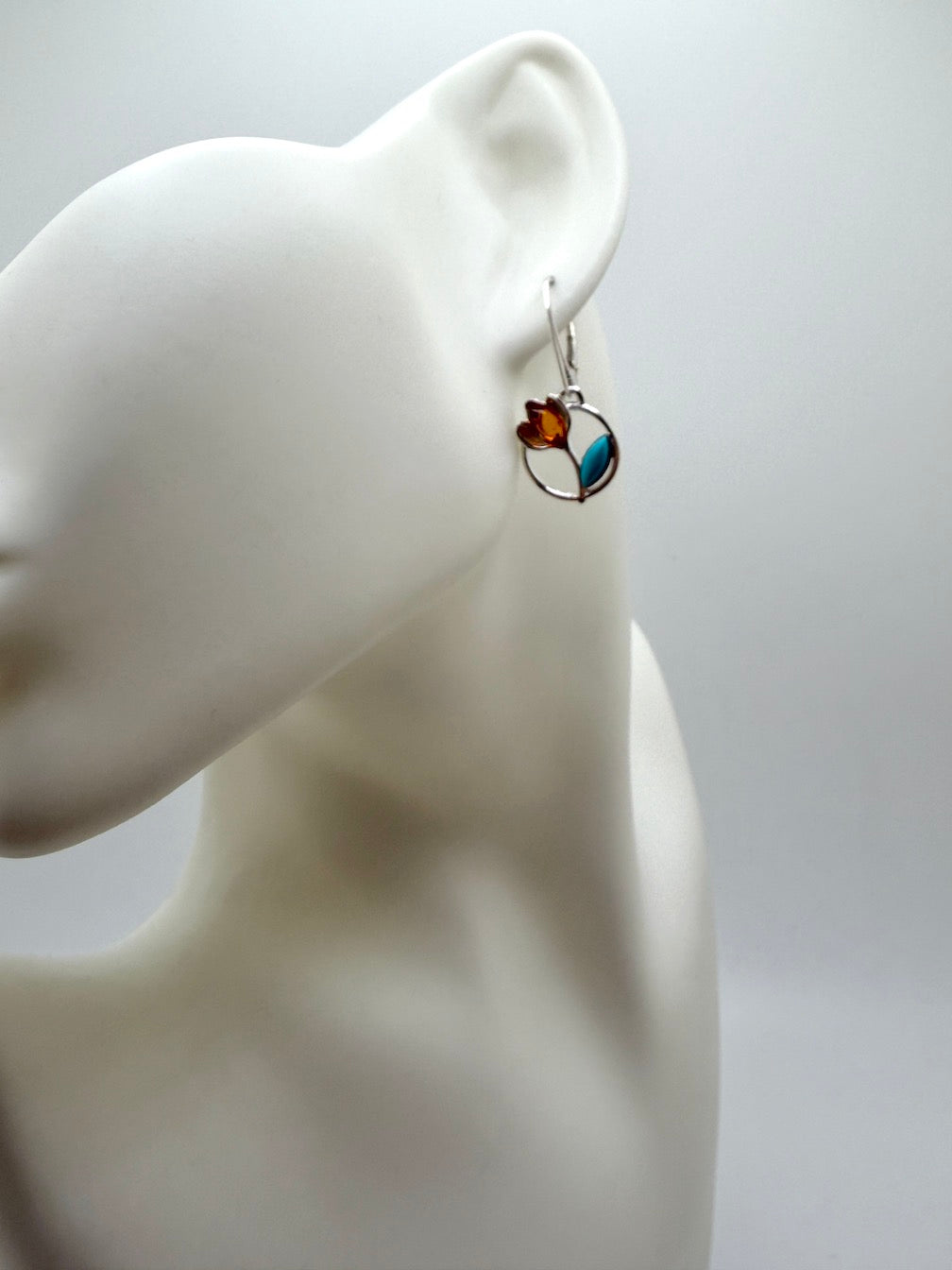 Sterling Silver Honey Amber and Turquoise Tulip Drop Lever Back Earrings | Everyday Lightweight Earrings