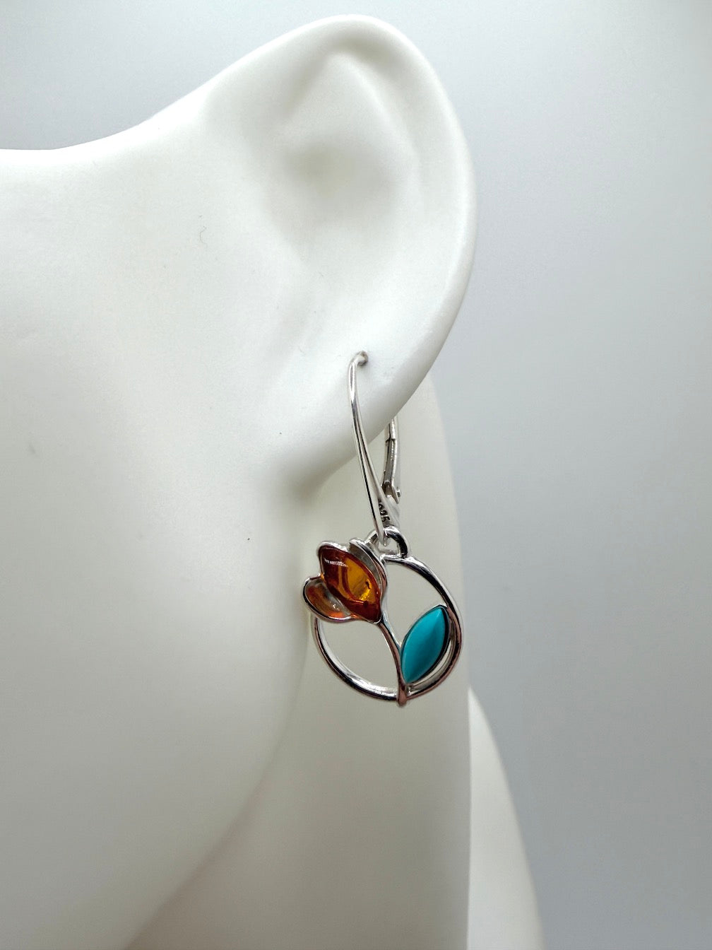 Sterling Silver Honey Amber and Turquoise Tulip Drop Lever Back Earrings | Everyday Lightweight Earrings