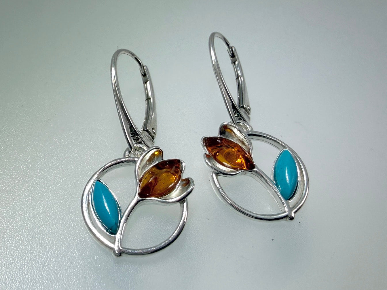 Sterling Silver Honey Amber and Turquoise Tulip Drop Lever Back Earrings | Everyday Lightweight Earrings