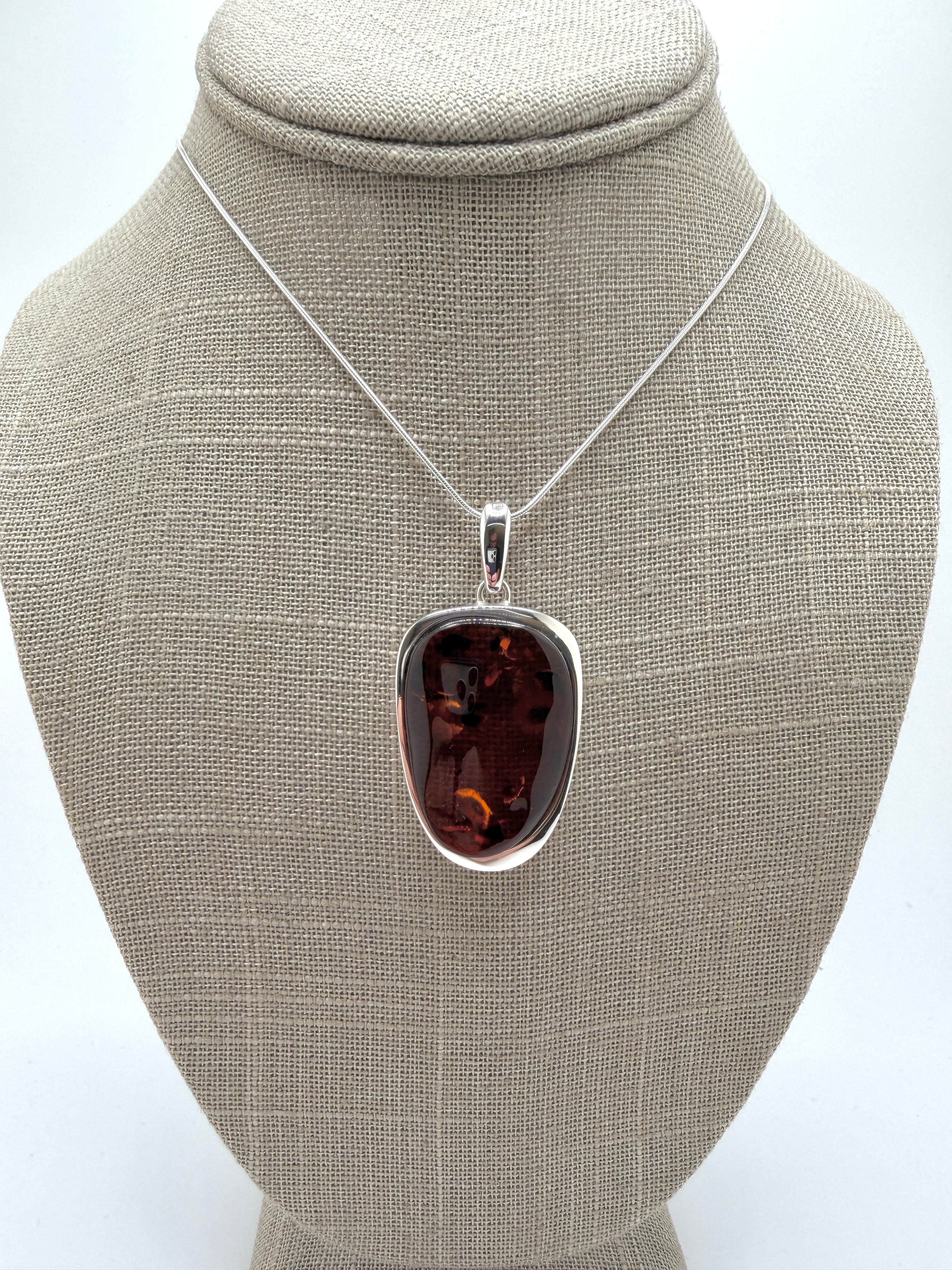 Sterling Silver Honey Baltic Amber Pendant Necklace – Modern Polish Design on Snake Chain