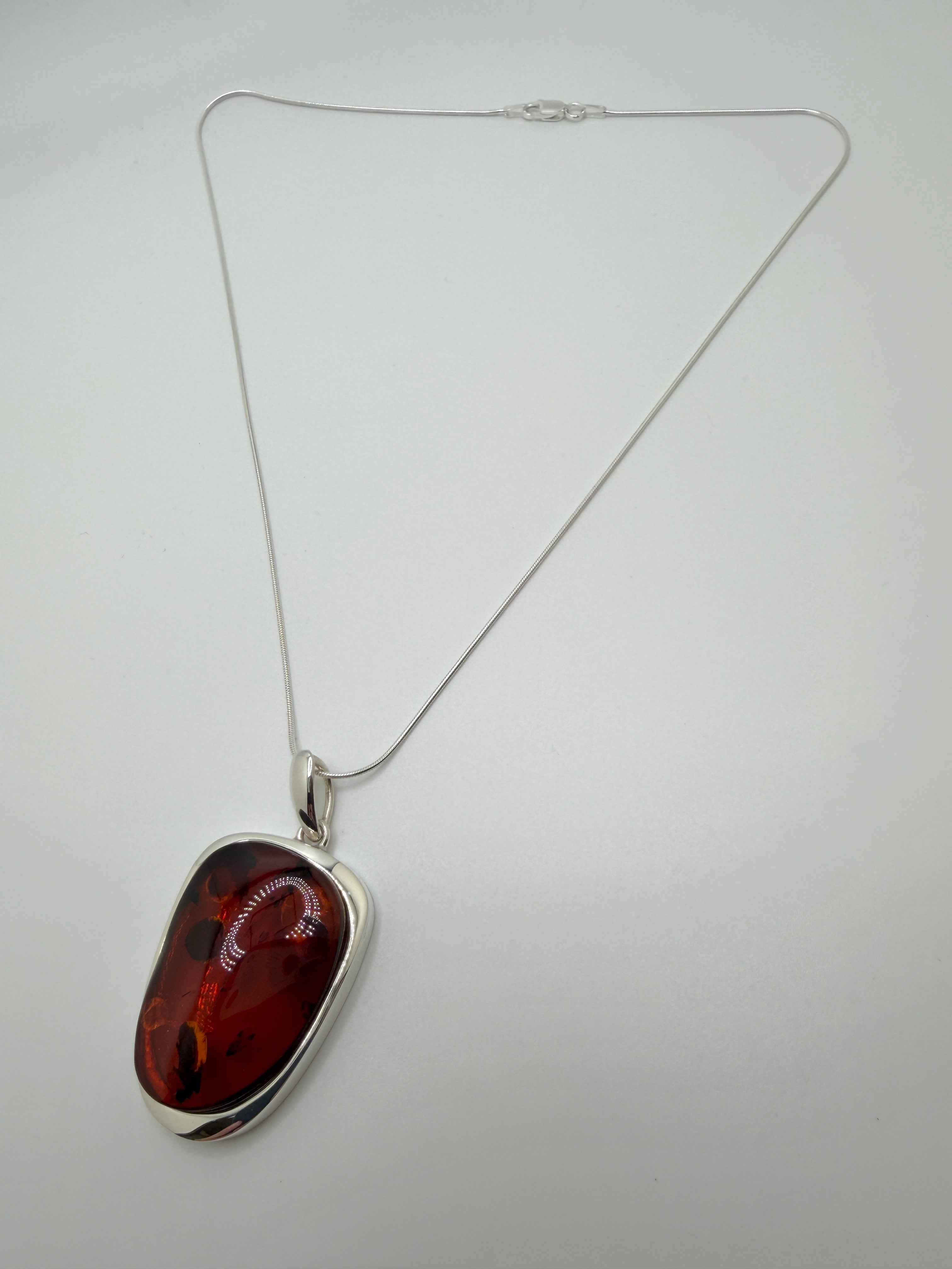 Sterling Silver Honey Baltic Amber Pendant Necklace – Modern Polish Design on Snake Chain