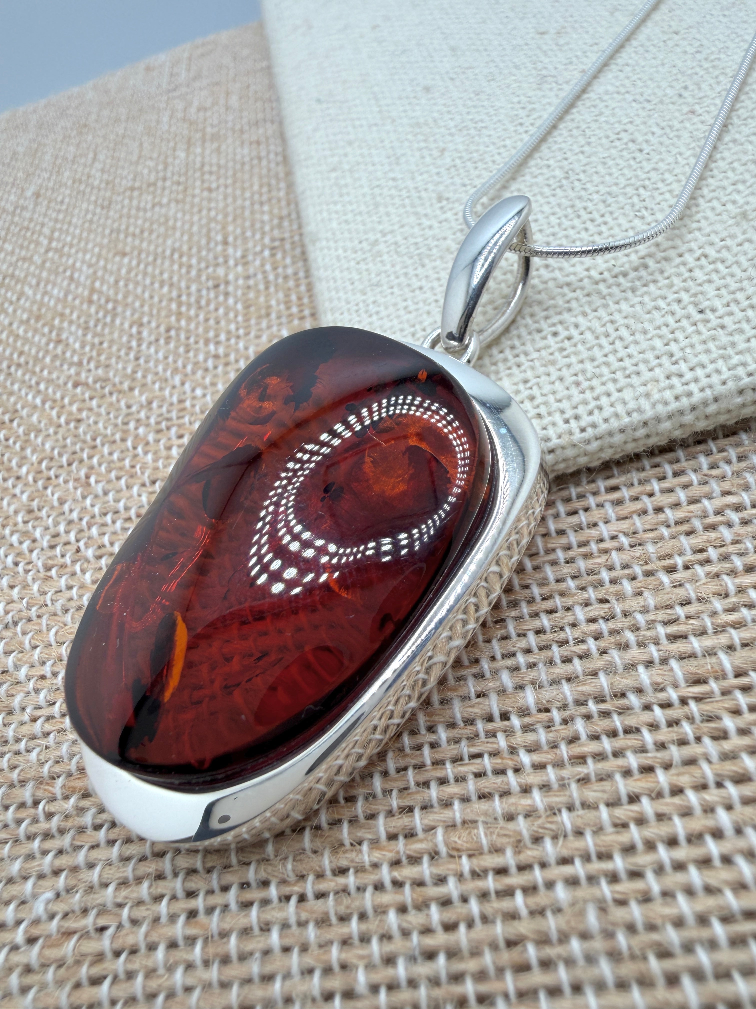 Sterling Silver Honey Baltic Amber Pendant Necklace – Modern Polish Design on Snake Chain