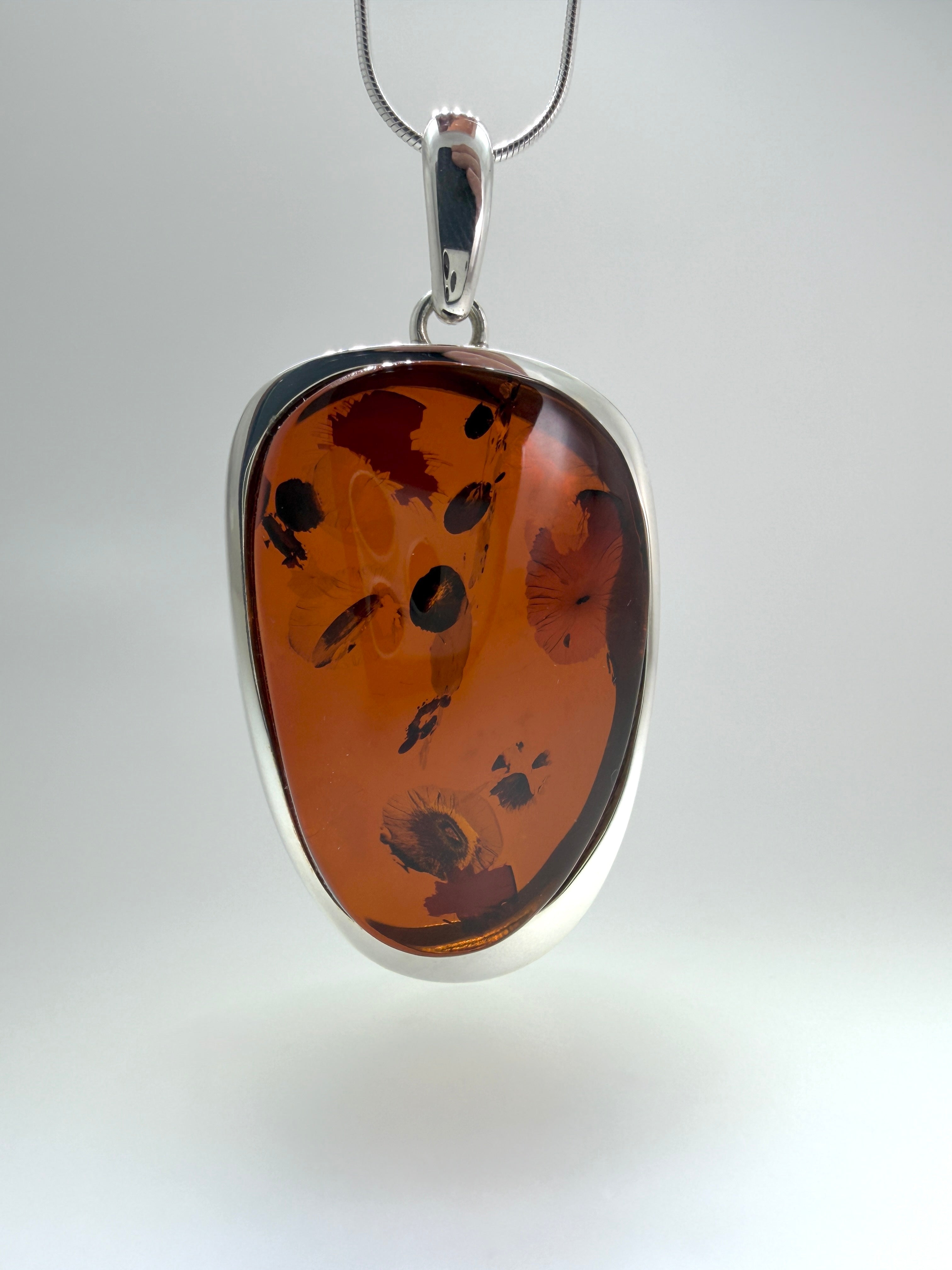 Sterling Silver Honey Baltic Amber Pendant Necklace – Modern Polish Design on Snake Chain