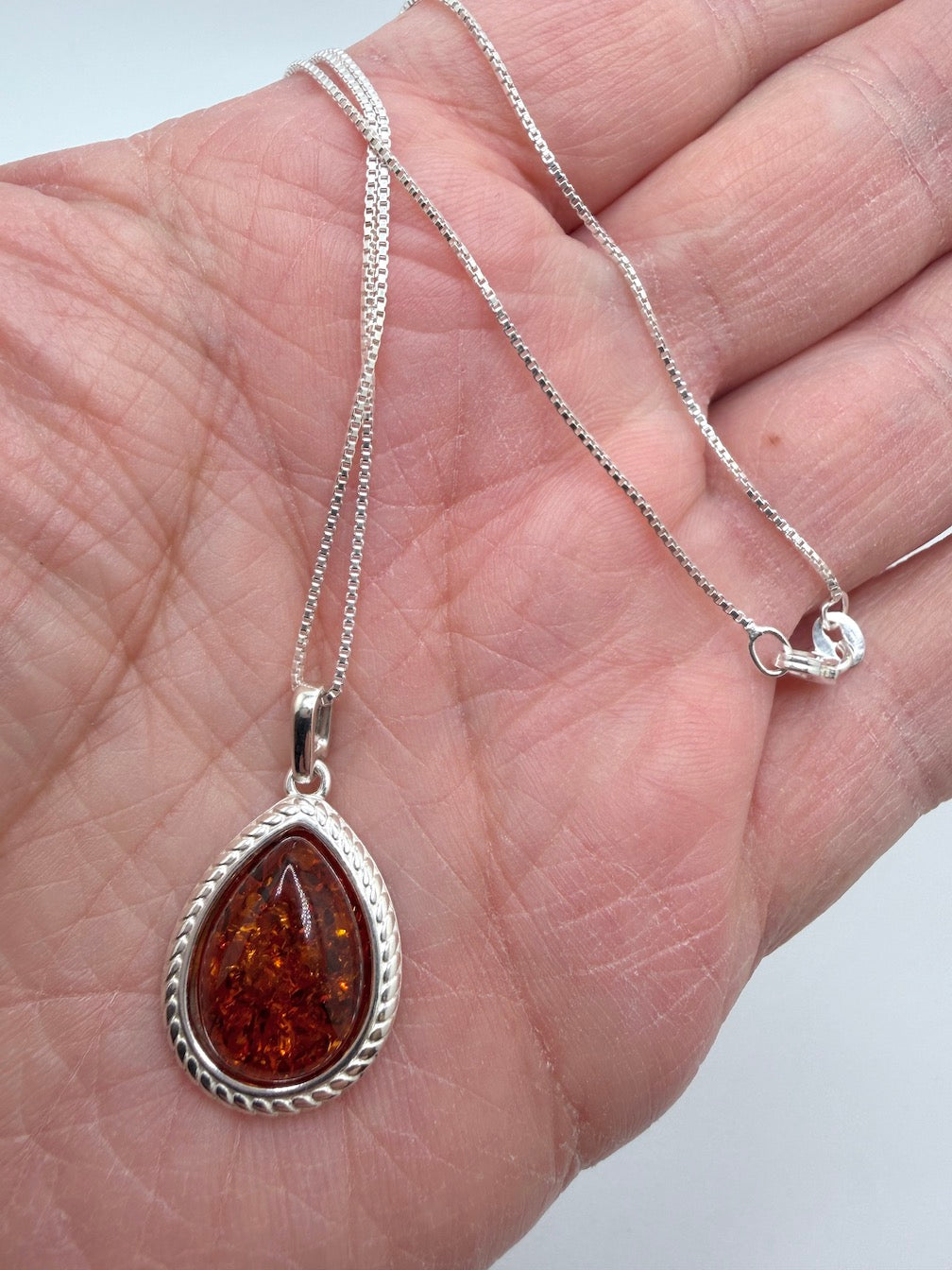 Sterling Silver Honey Baltic Amber Teardrop Pendant – Genuine Baltic Amber – Elegant Handmade Design
