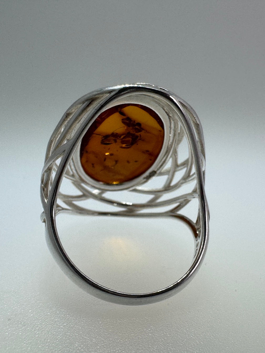 Sterling Silver Honey Cognac Baltic Amber Cabochon Ring – Netted Silver Design, Handmade
