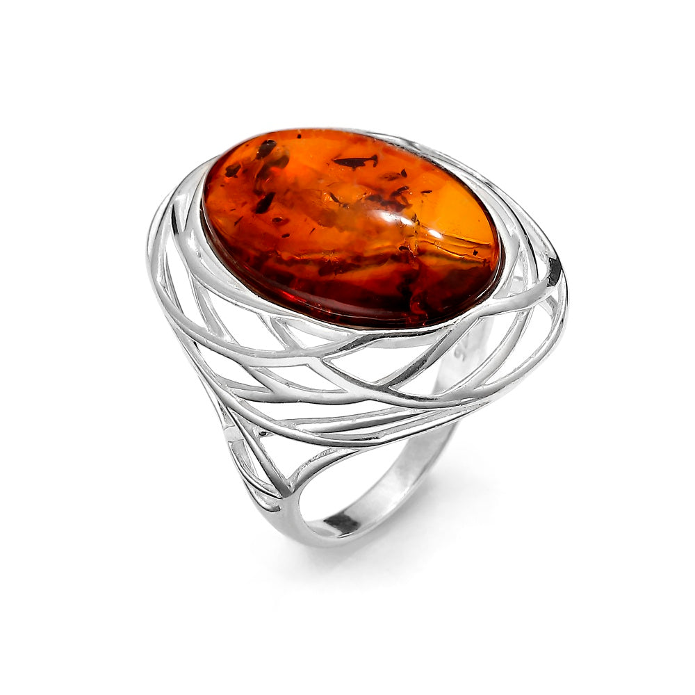 Sterling Silver Honey Cognac Baltic Amber Cabochon Ring – Netted Silver Design, Handmade