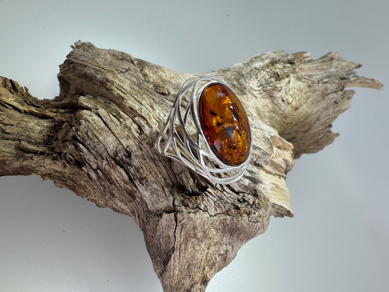 Sterling Silver Honey Cognac Baltic Amber Cabochon Ring – Netted Silver Design, Handmade