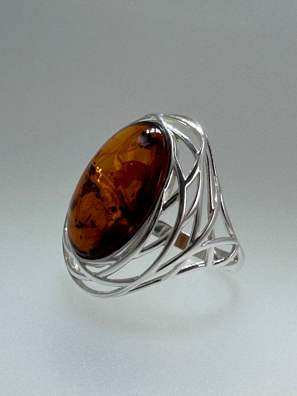 Sterling Silver Honey Cognac Baltic Amber Cabochon Ring – Netted Silver Design, Handmade