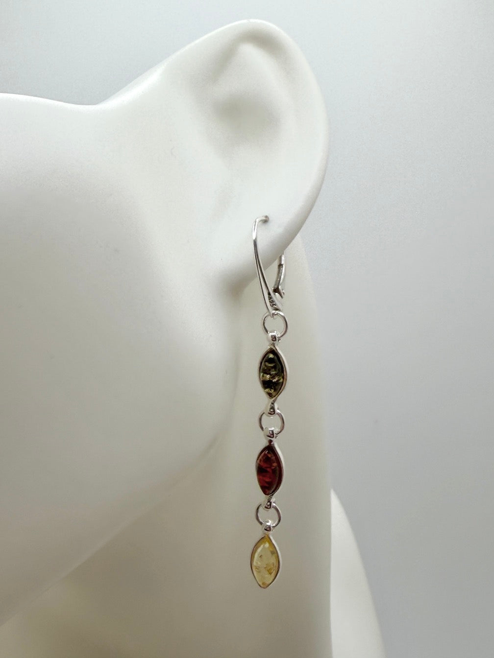 Sterling Silver Honey, Lemon and Green Amber Drop Lever Back Earrings | Everyday Lightweight Earrings