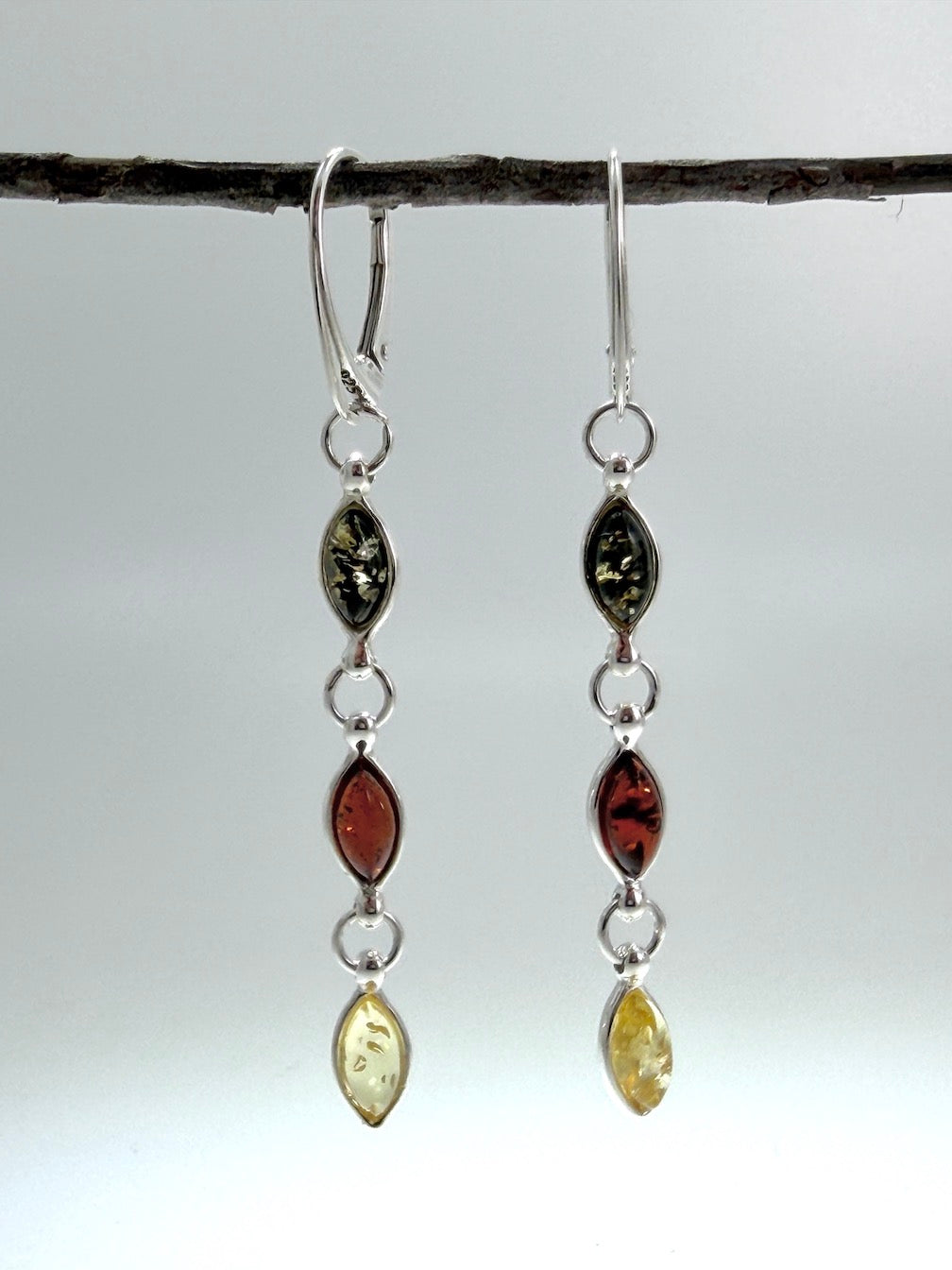 Sterling Silver Honey, Lemon and Green Amber Drop Lever Back Earrings | Everyday Lightweight Earrings