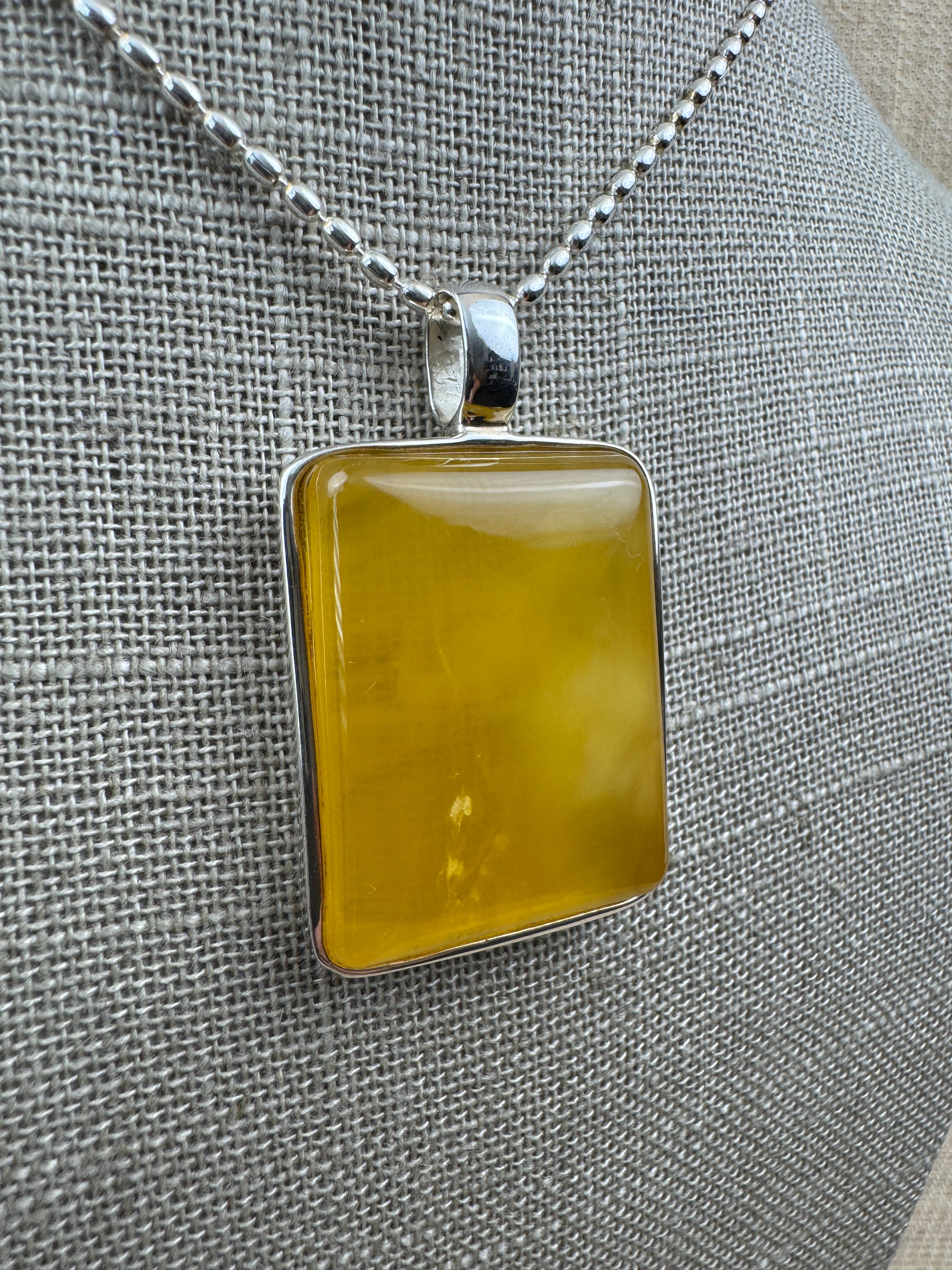 Sterling Silver Modern Rectangular Butterscotch Baltic Amber Pendant Necklace