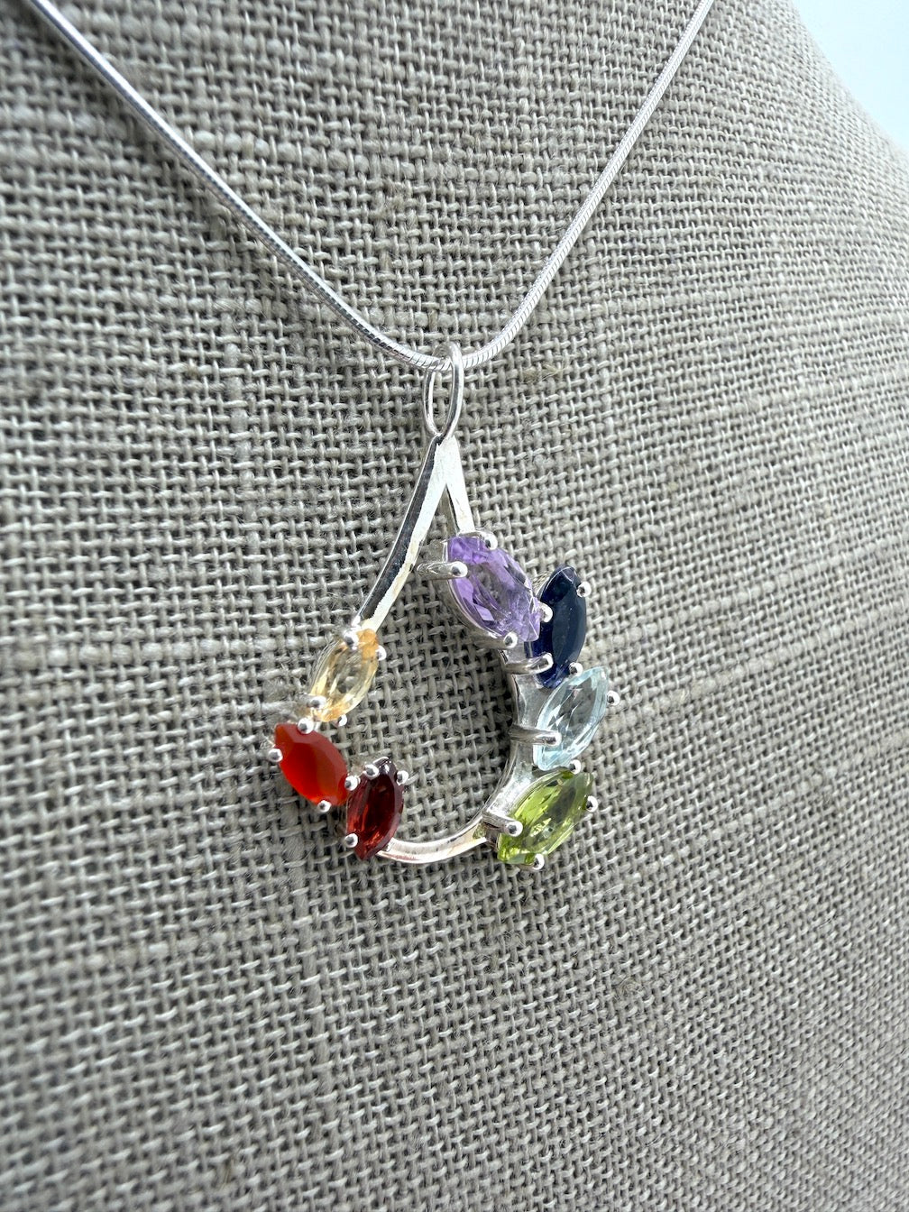 Sterling Silver Multi-Stone Teardrop Pendant Necklace – Amethyst, Blue Topaz, Peridot, Aquamarine & Quartz – Elegant Handmade Gemstone Jewelry