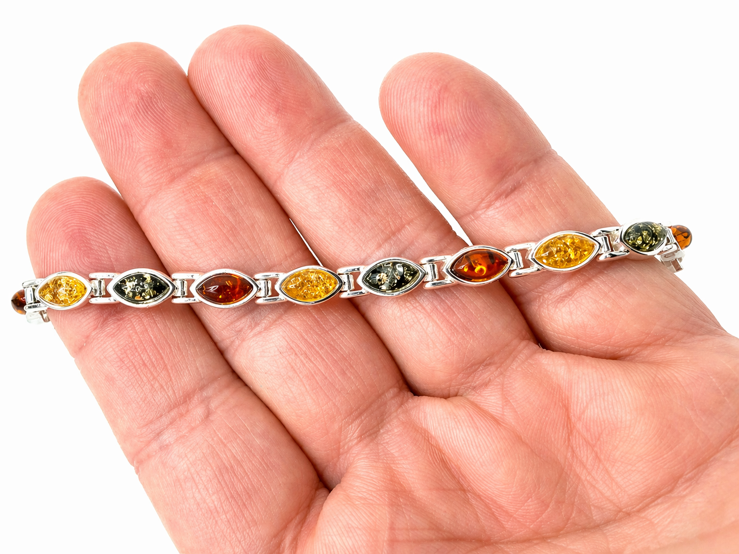 Sterling Silver Multi Color Baltic Amber Link Bracelet – Handmade in Poland