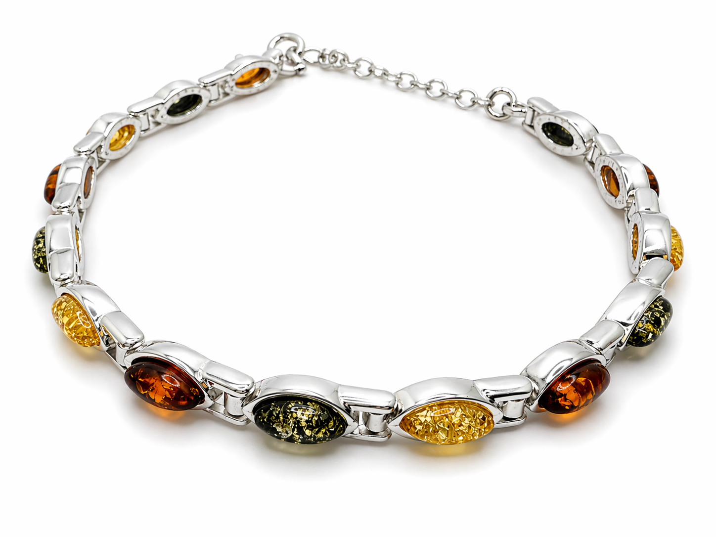 Sterling Silver Multi Color Baltic Amber Link Bracelet – Handmade in Poland