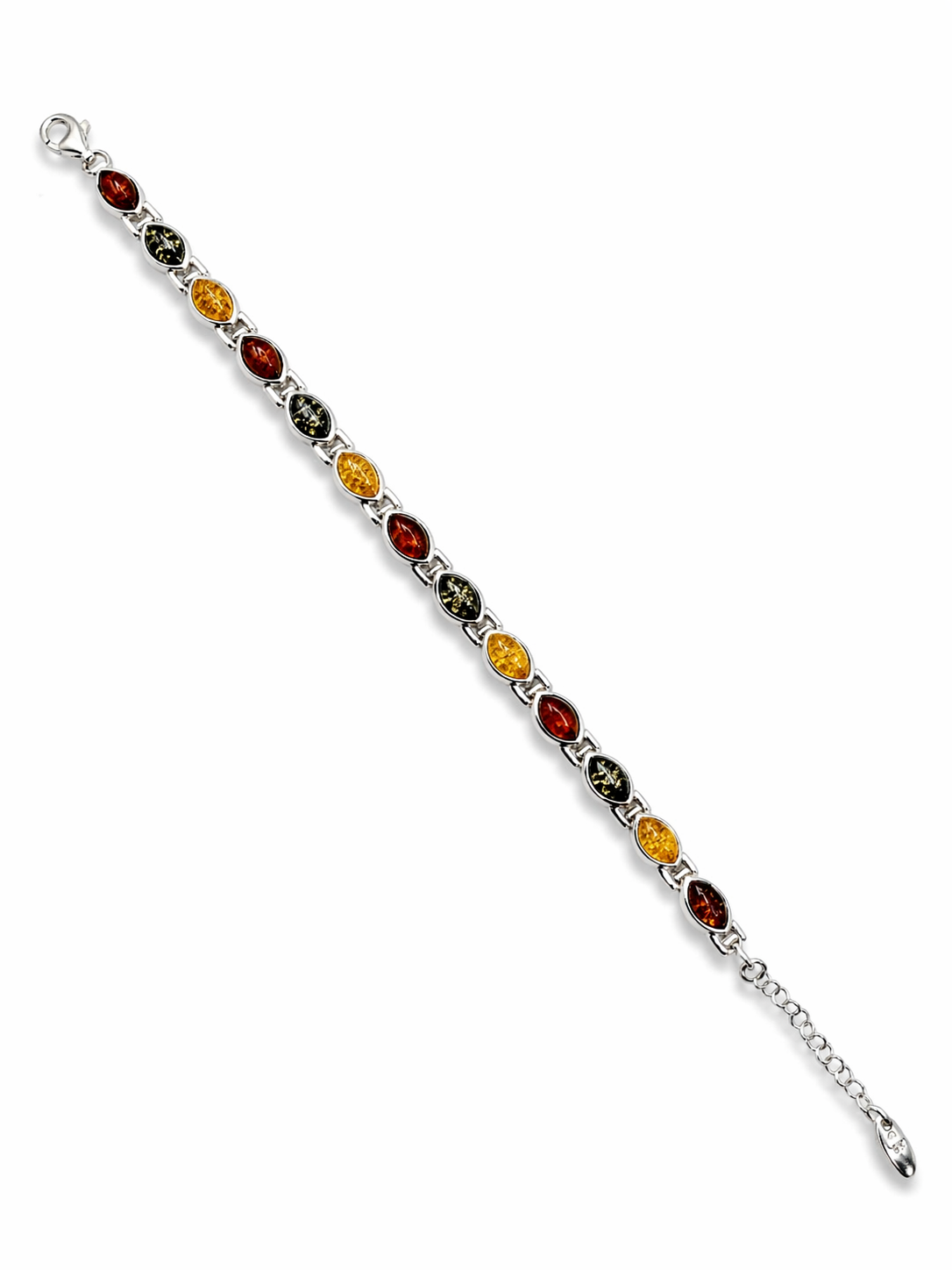 Sterling Silver Multi Color Baltic Amber Link Bracelet – Handmade in Poland