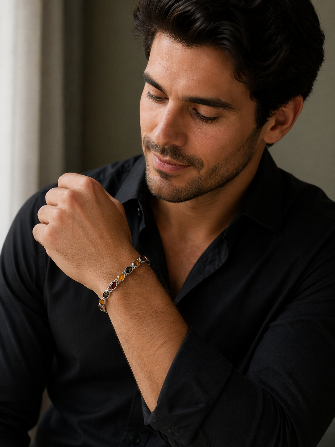 Sterling Silver Multi Color Baltic Amber Link Bracelet – Handmade in Poland