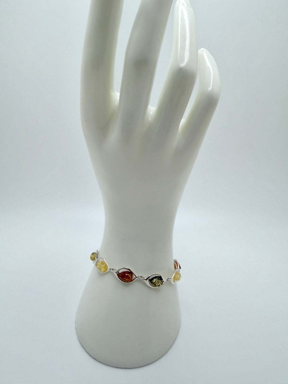 Sterling Silver Multi Color Baltic Amber Link Bracelet – Handmade in Poland