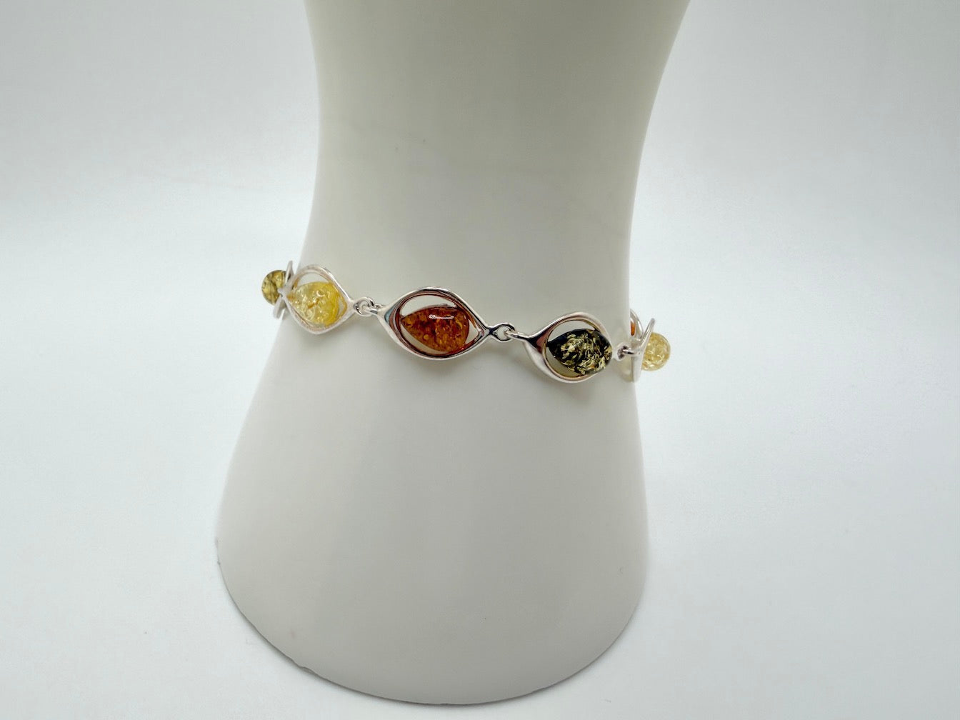  Sterling Silver Multi Color Baltic Amber Link Bracelet – Handmade in Poland