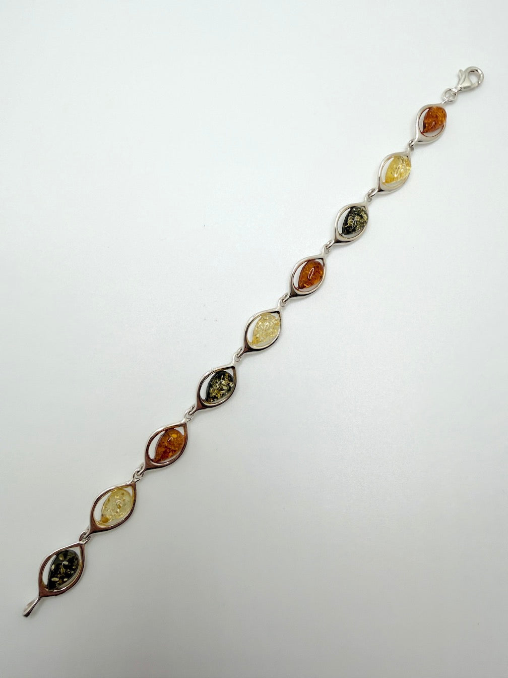  Sterling Silver Multi Color Baltic Amber Link Bracelet – Handmade in Poland