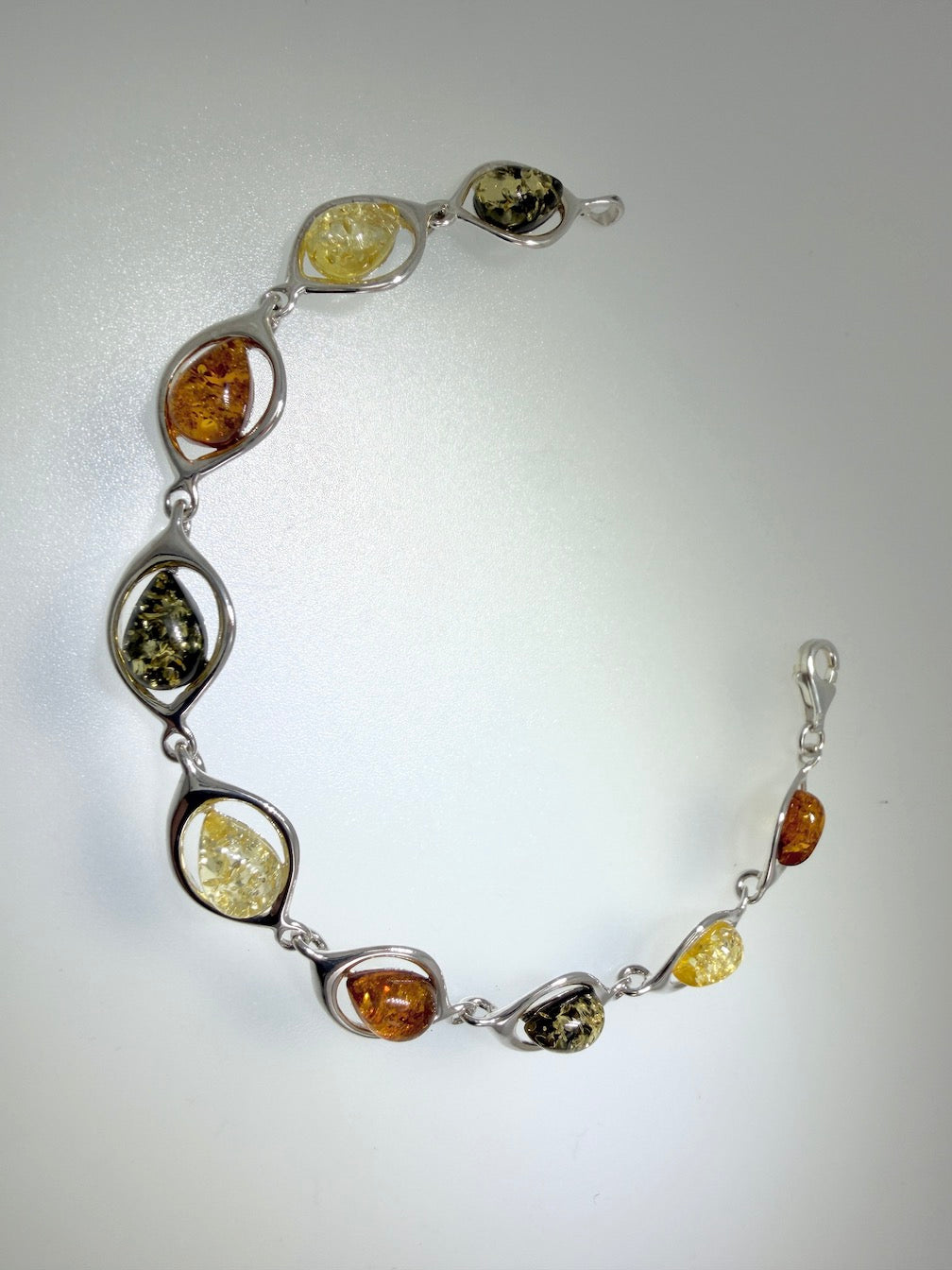  Sterling Silver Multi Color Baltic Amber Link Bracelet – Handmade in Poland