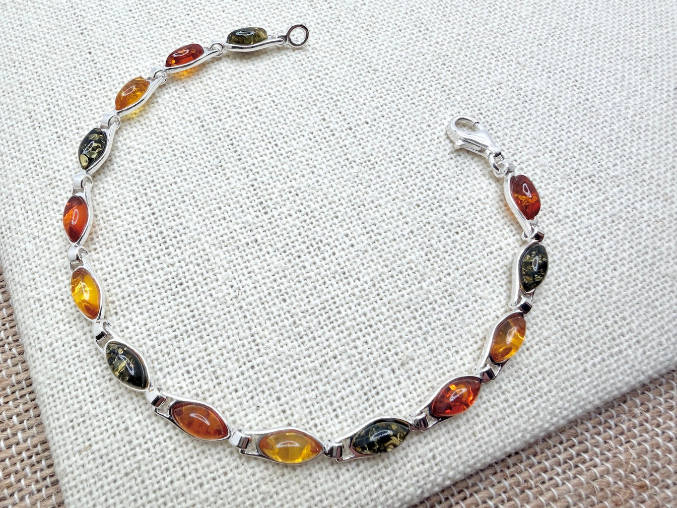 Sterling Silver Multi Color Baltic Amber Link Bracelet – Handmade in Poland