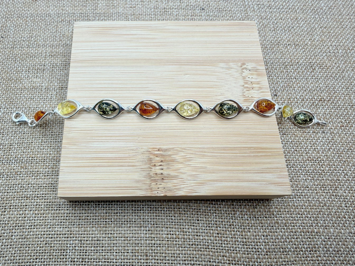  Sterling Silver Multi Color Baltic Amber Link Bracelet – Handmade in Poland