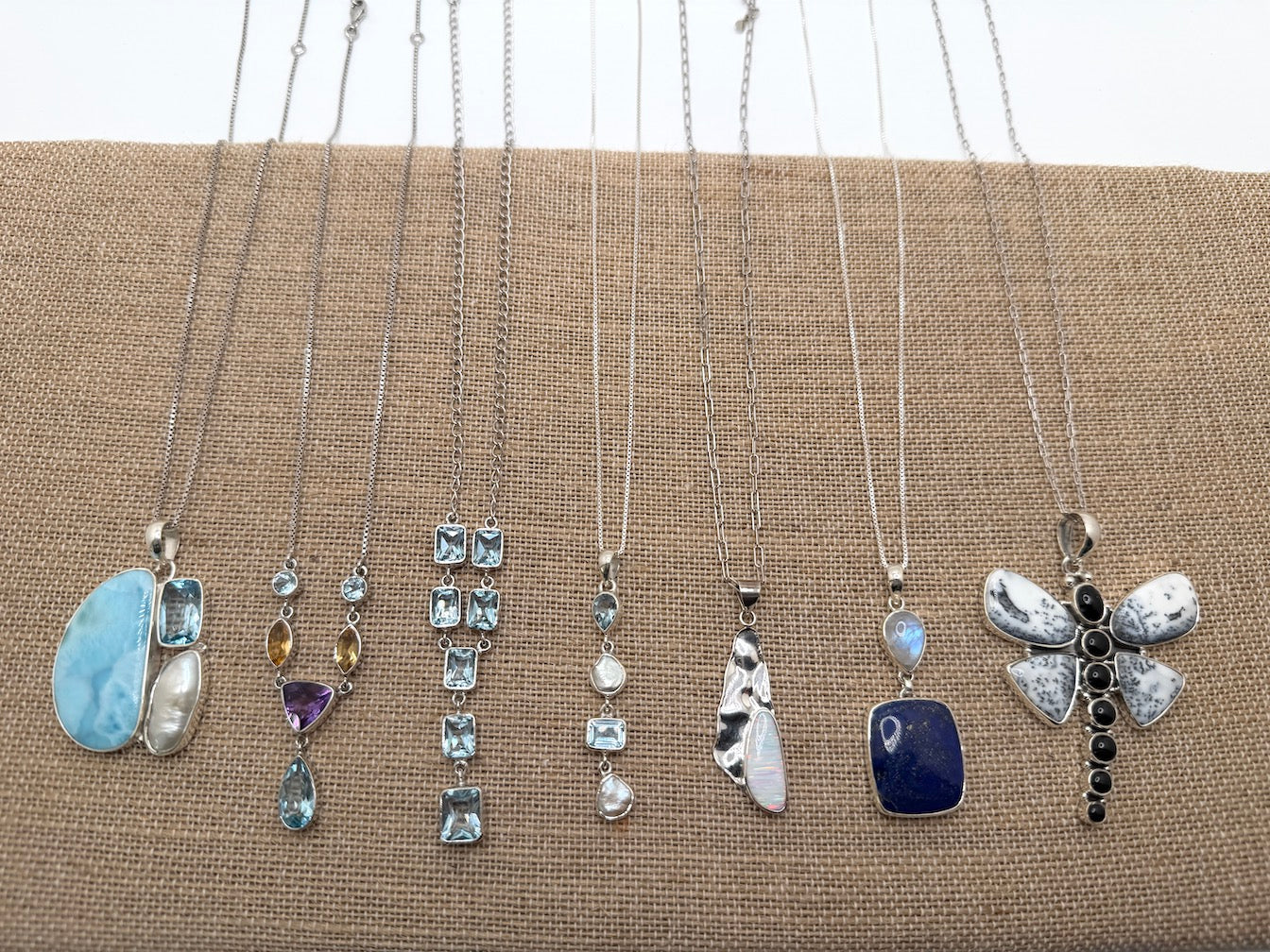 Sterling Silver Multi Stone Necklaces – Larimar, Blue Topaz, Opal, Lapis, Moonstone, Pearl, Quartz & Onyx