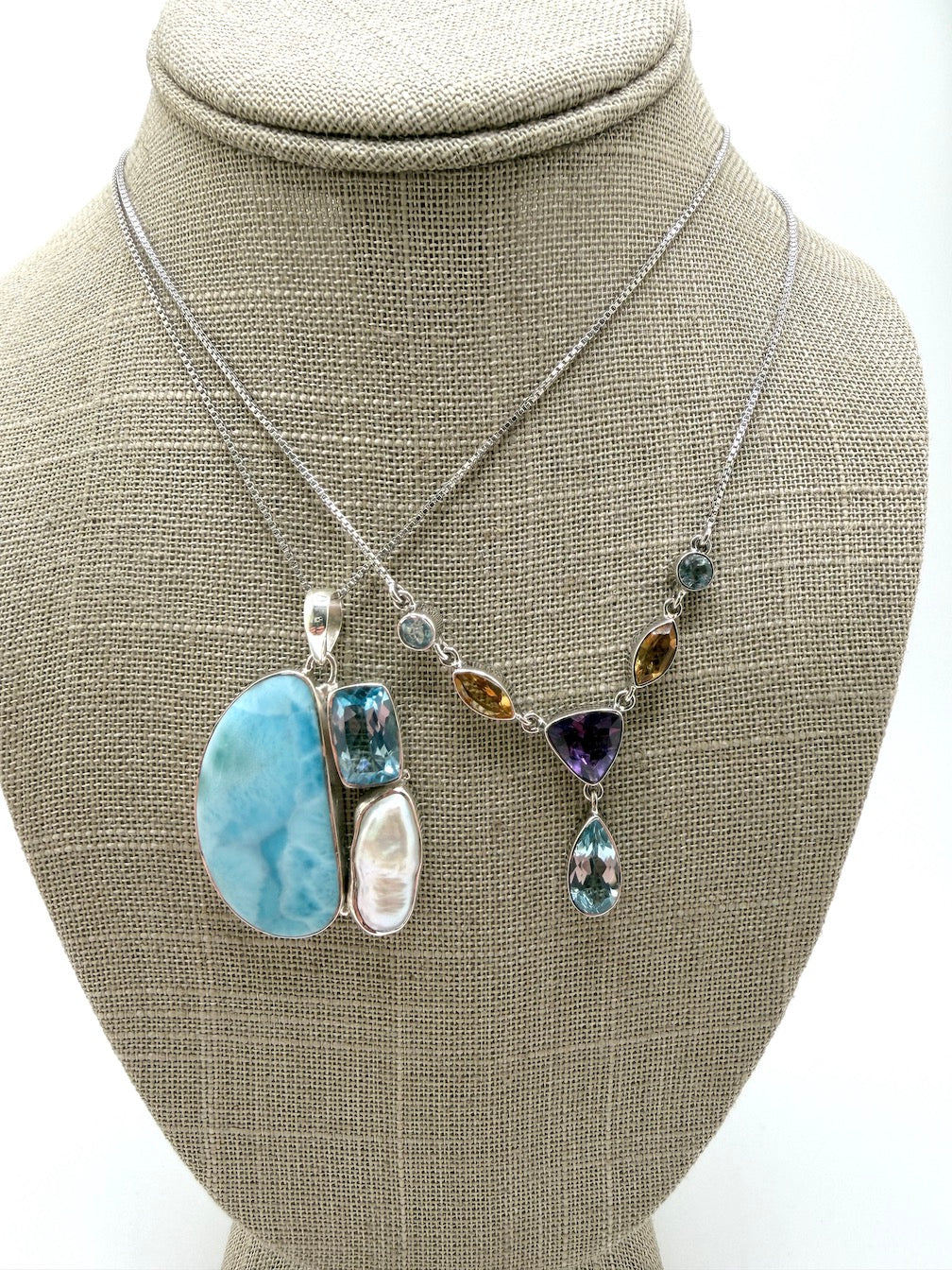 Sterling Silver Multi Stone Necklaces – Larimar, Blue Topaz, Opal, Lapis, Moonstone, Pearl, Quartz & Onyx
