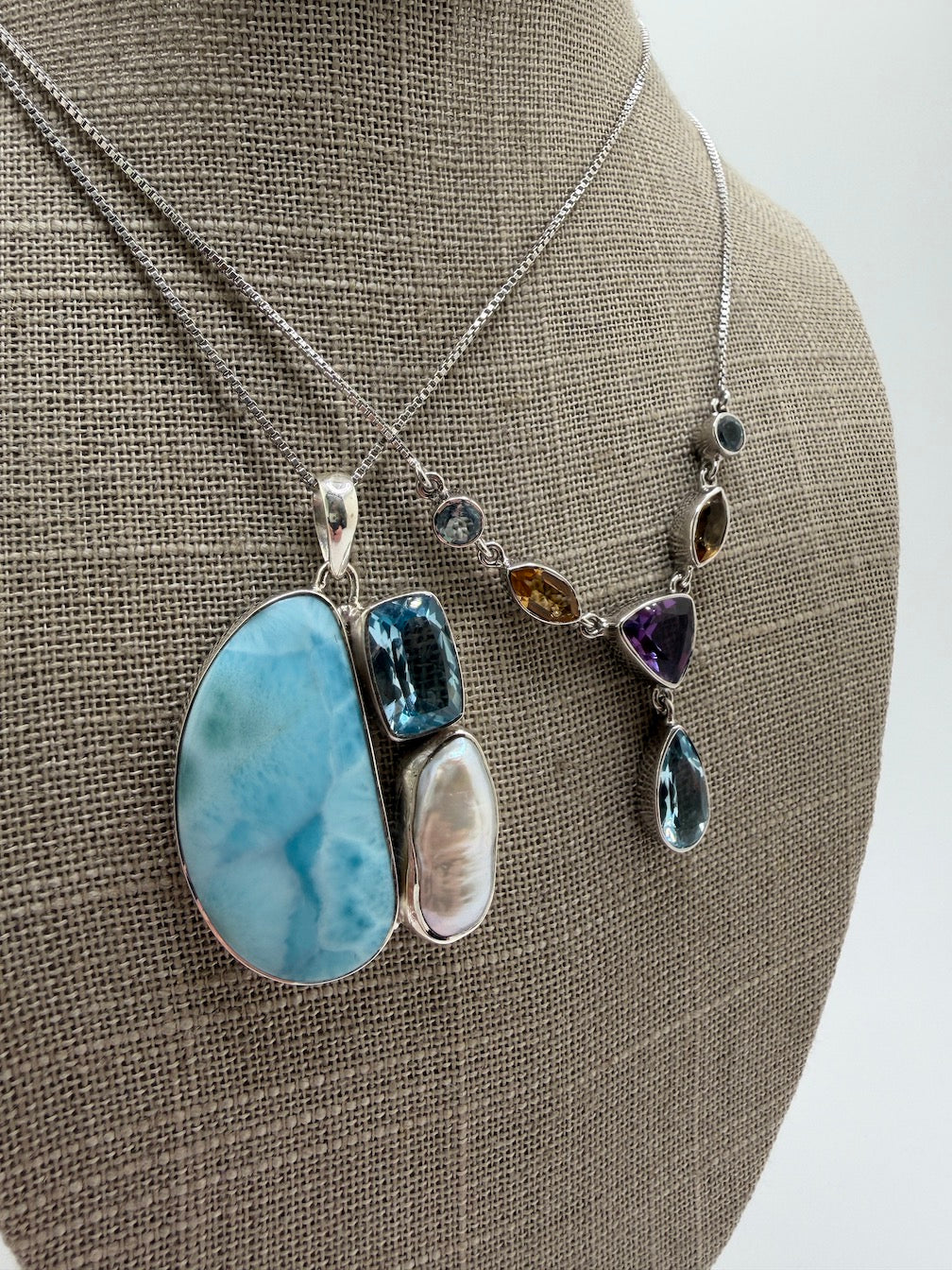 Sterling Silver Multi Stone Necklaces – Larimar, Blue Topaz, Opal, Lapis, Moonstone, Pearl, Quartz & Onyx