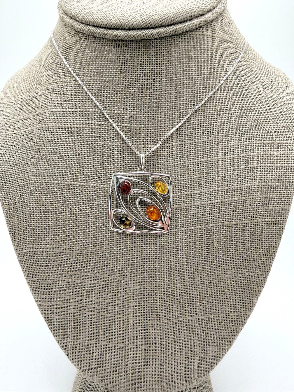 Sterling Silver Multicolor Baltic Amber Four-Stone Pendant Necklace – Handmade in Poland