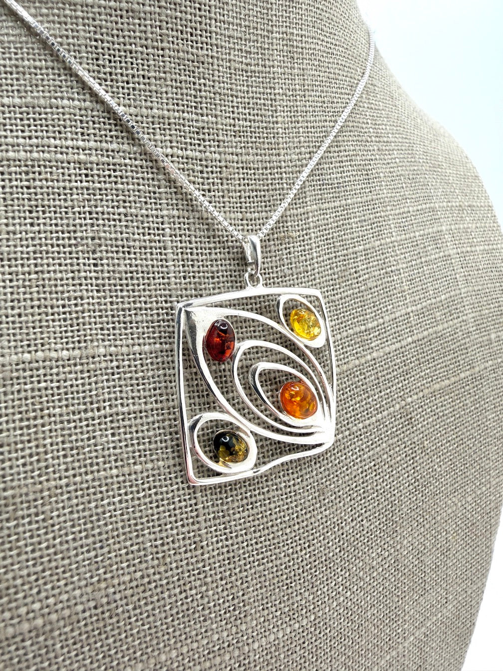 Sterling Silver Multicolor Baltic Amber Four-Stone Pendant Necklace – Handmade in Poland