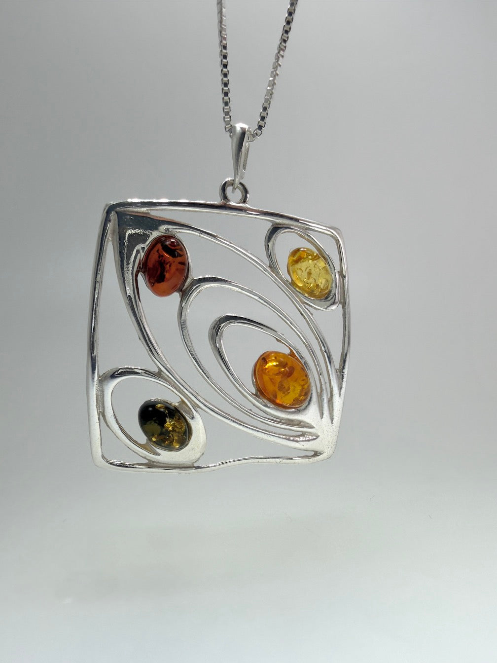 Sterling Silver Multicolor Baltic Amber Four-Stone Pendant Necklace – Handmade in Poland