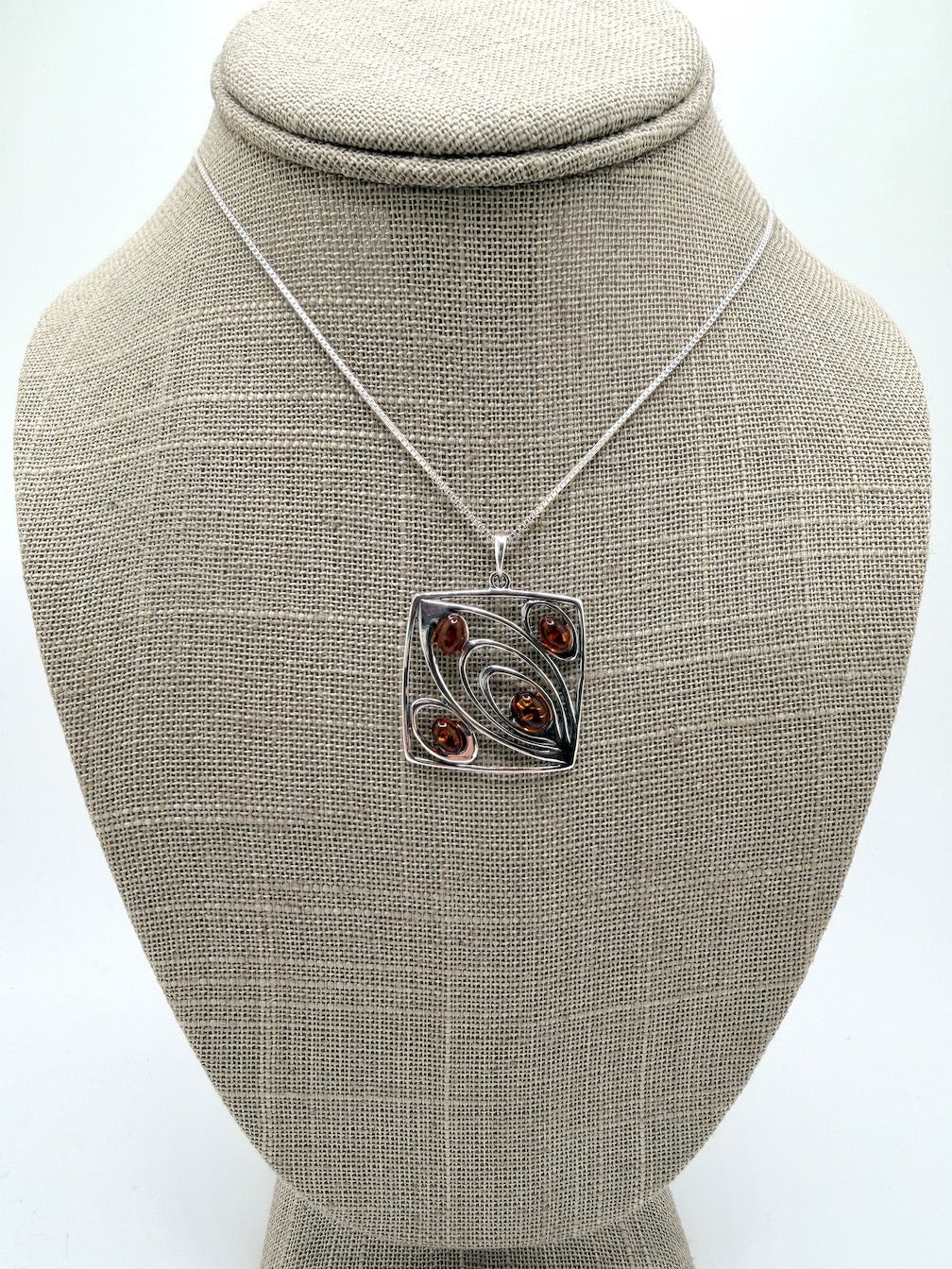 Sterling Silver Multicolor Baltic Amber Four-Stone Pendant Necklace – Handmade in Poland