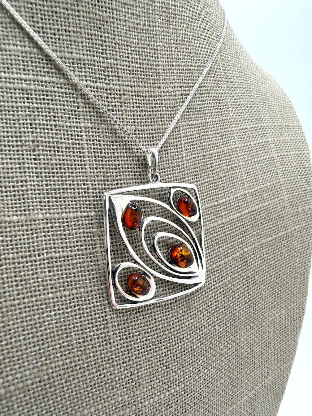 Sterling Silver Multicolor Baltic Amber Four-Stone Pendant Necklace – Handmade in Poland