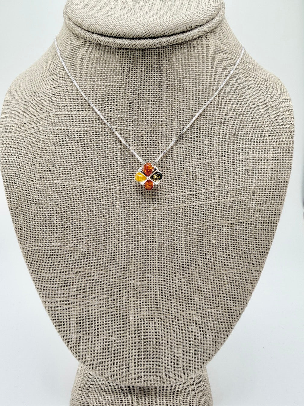 Sterling Silver Multicolor Baltic Amber Four-Stone Pendant Necklace – Handmade in Poland