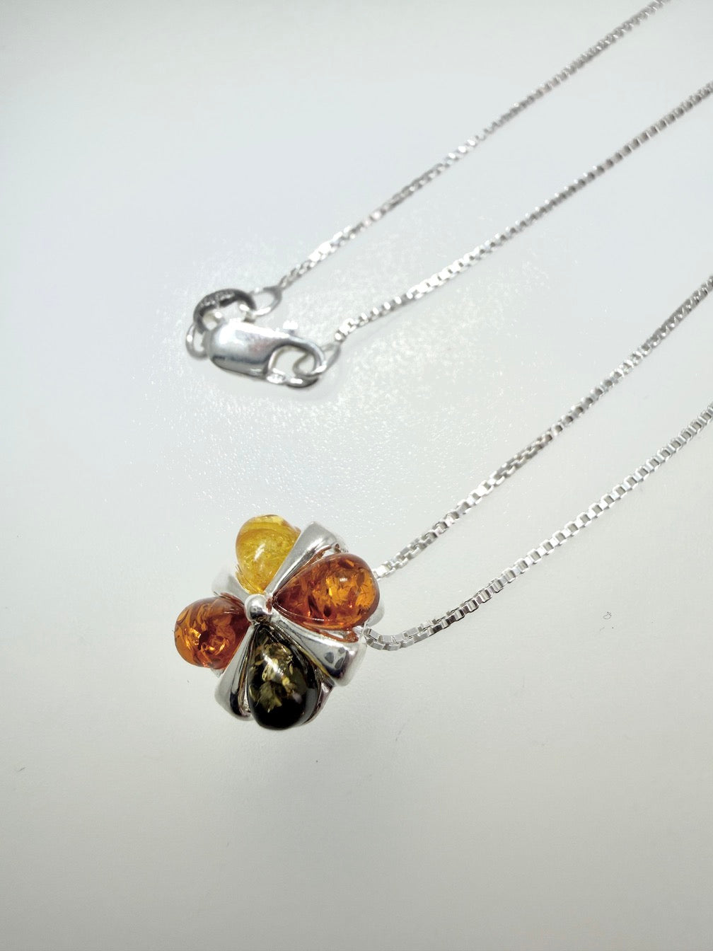 Sterling Silver Multicolor Baltic Amber Four-Stone Pendant Necklace – Handmade in Poland