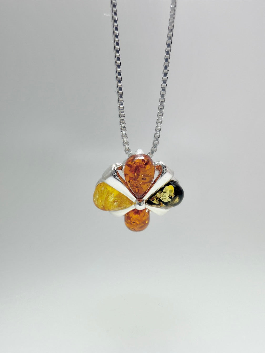 Sterling Silver Multicolor Baltic Amber Four-Stone Pendant Necklace – Handmade in Poland