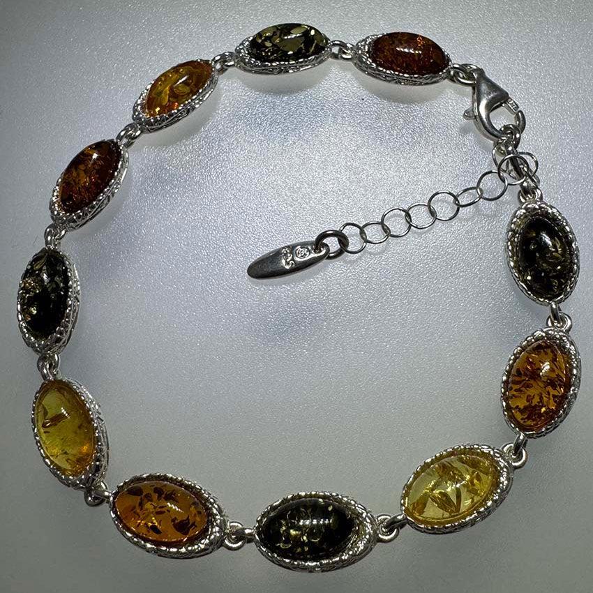 Sterling Silver Multicolor Baltic Amber Link Bracelet - Cognac, Lemon & Green - 7" + 1.5" Extension