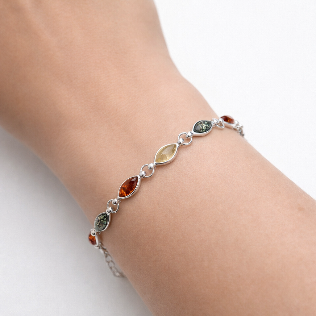 Sterling Silver Multicolor Baltic Amber Link Bracelet – Cognac, Lemon & Green – with extension chain